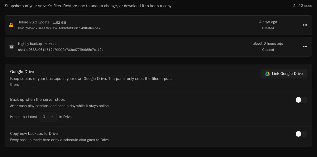 The Backups page with a locked backup and a nightly backup, and the Google Drive section below them