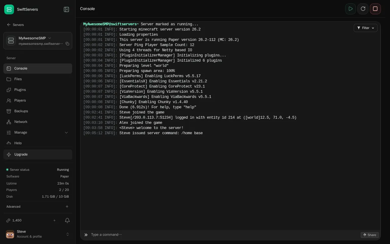 The console of a running Paper server, with its startup log, the command box and the Share button