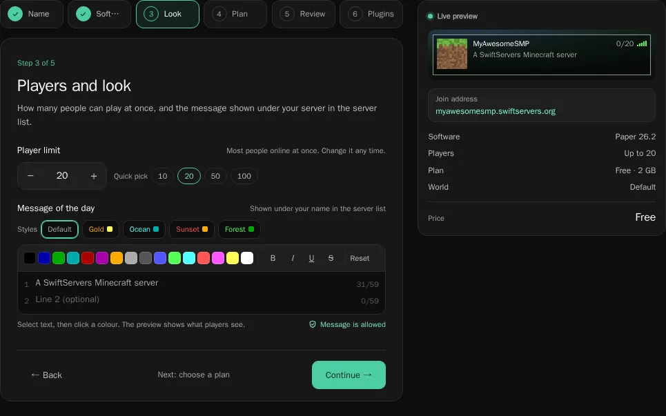 The Players and look step, with a player limit of 20 and the message of the day editor