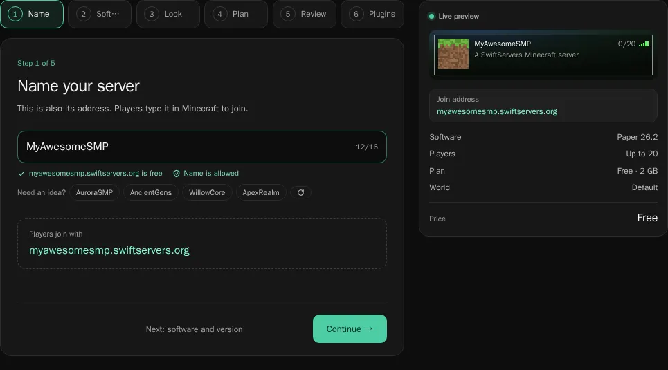 The Name step of the create page, with MyAwesomeSMP typed in and its address myawesomesmp.swiftservers.org shown as free