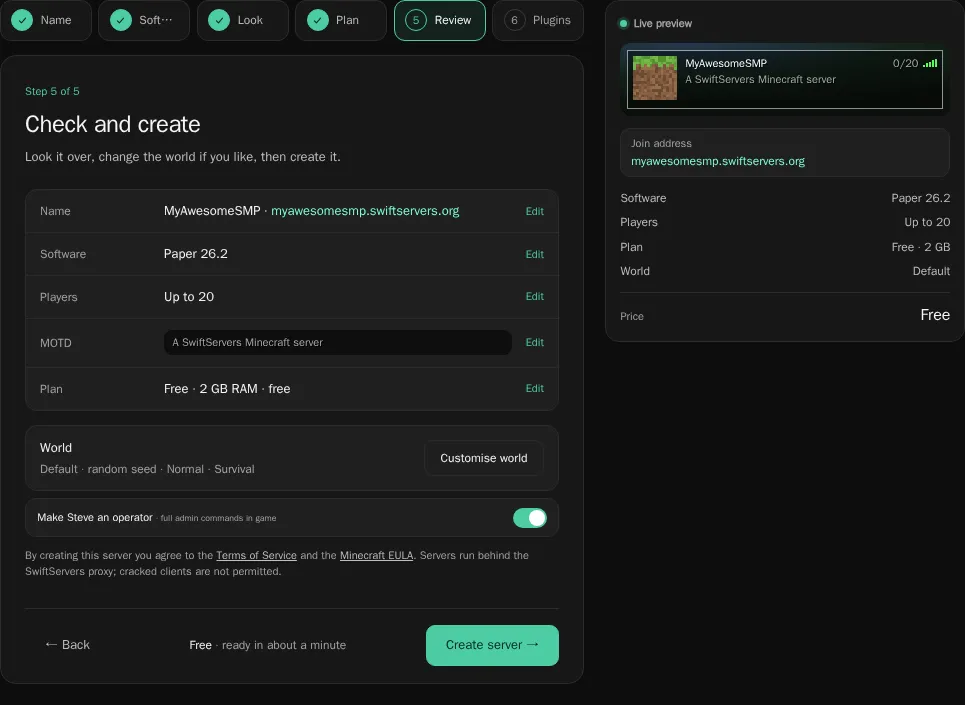 The Check and create step, listing the name, software, players, MOTD and plan, with Customise world and the Create server button