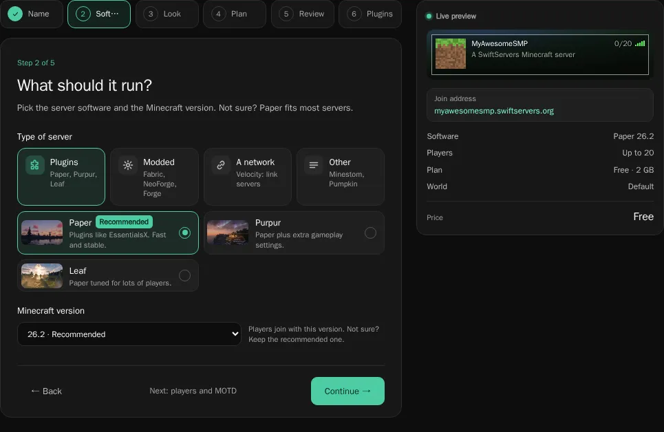 The Software step, with Plugins and Paper selected and Minecraft 26.2 marked Recommended
