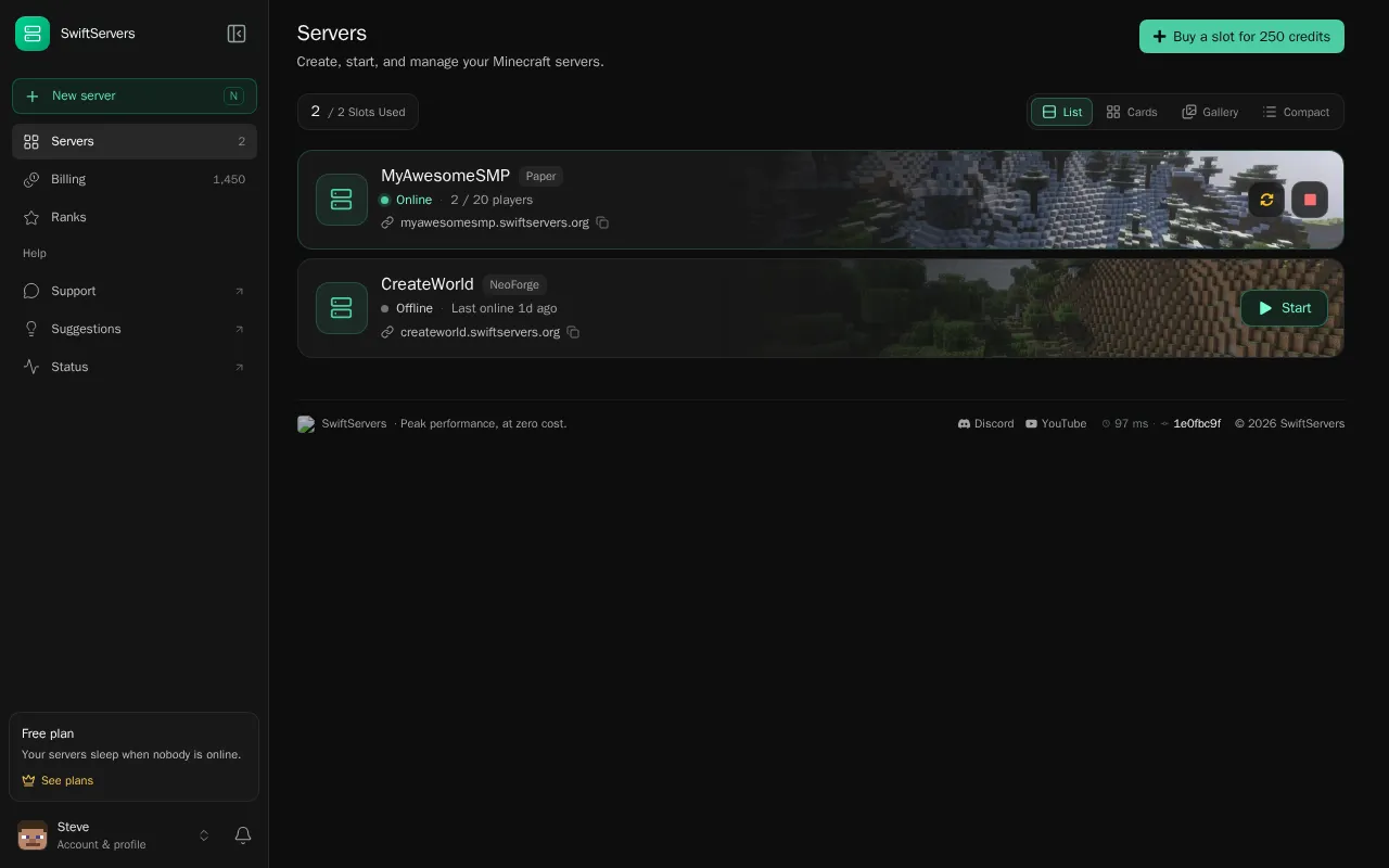 The dashboard listing two servers: MyAwesomeSMP online with restart and stop buttons, and CreateWorld offline with a Start button