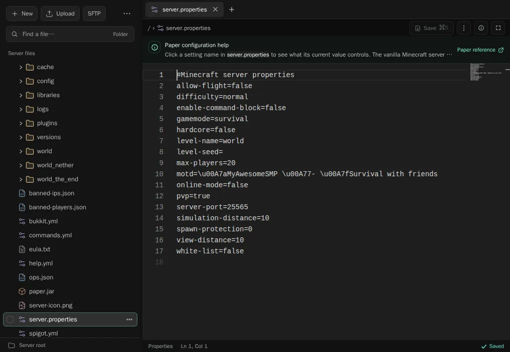 The file manager with server.properties open in the editor, next to the folder tree