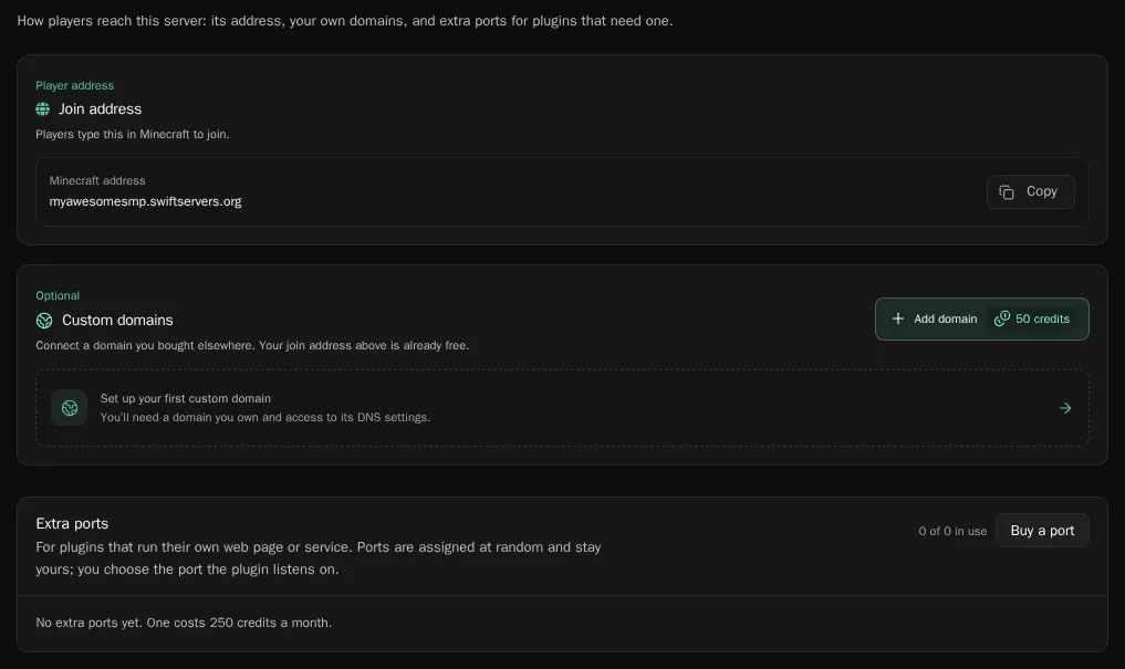 The Networking page showing the join address, the Custom domains section and Extra ports