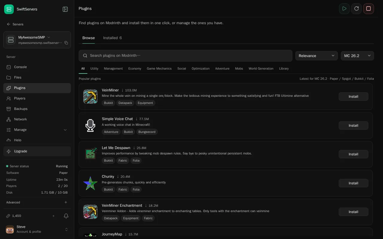 The Plugins page on the Browse tab, listing popular Modrinth plugins such as VeinMiner and Simple Voice Chat with Install buttons