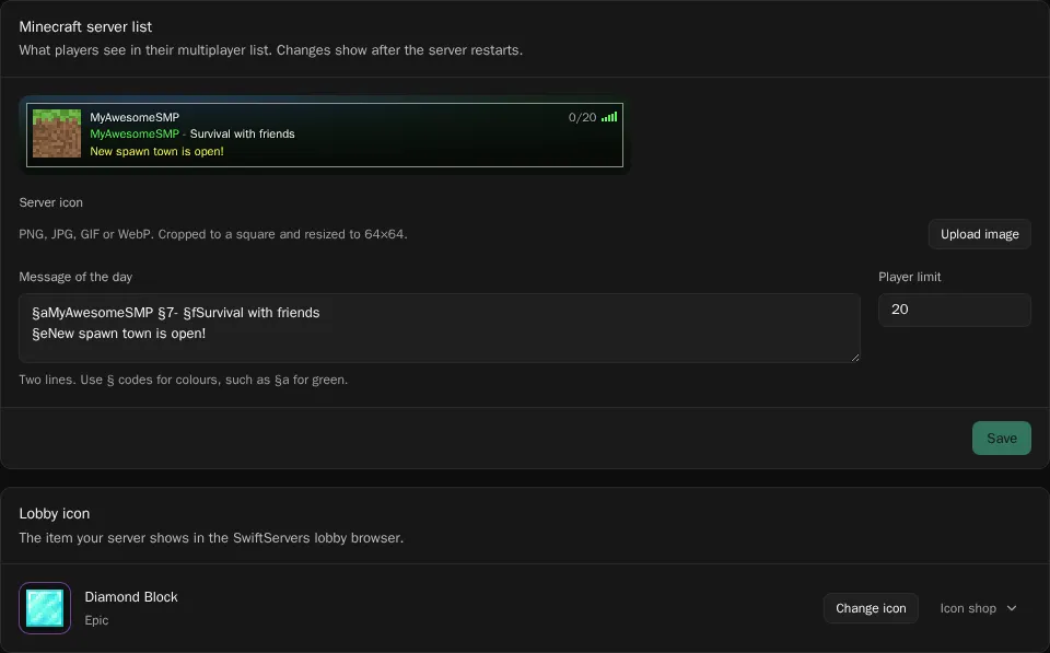 The Appearance tab with the server list preview, server icon, message of the day, player limit and lobby icon