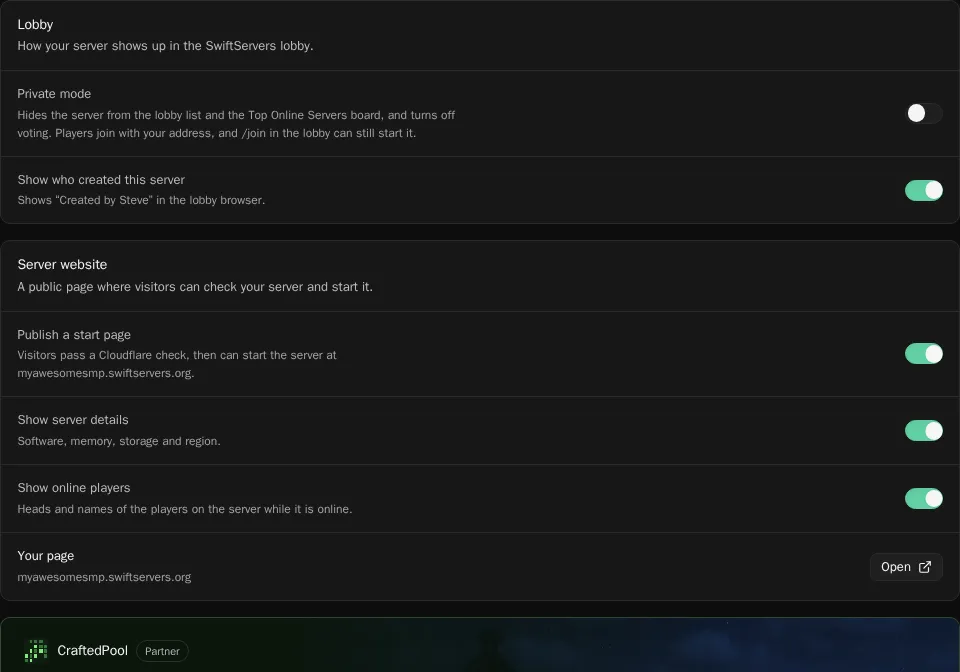 The Visibility tab with Private mode, Show who created this server and the start page settings
