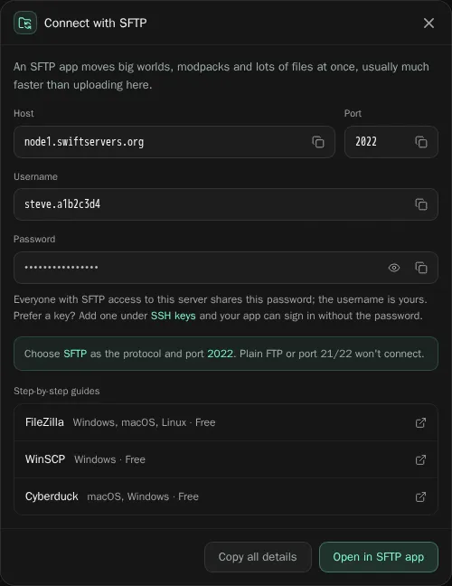 The Connect with SFTP dialog showing the host, port 2022, username and hidden password, with guides for FileZilla, WinSCP and Cyberduck